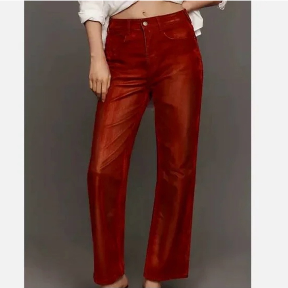 NWT Anthropologie Pilcro Red The Annie Flocked High Rise Straight Leg Pants